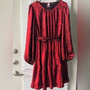 LANE BRYANT Elegant Red Metallic Long-Sleeve Dress. Size 16,Long Sleeve,Belted.